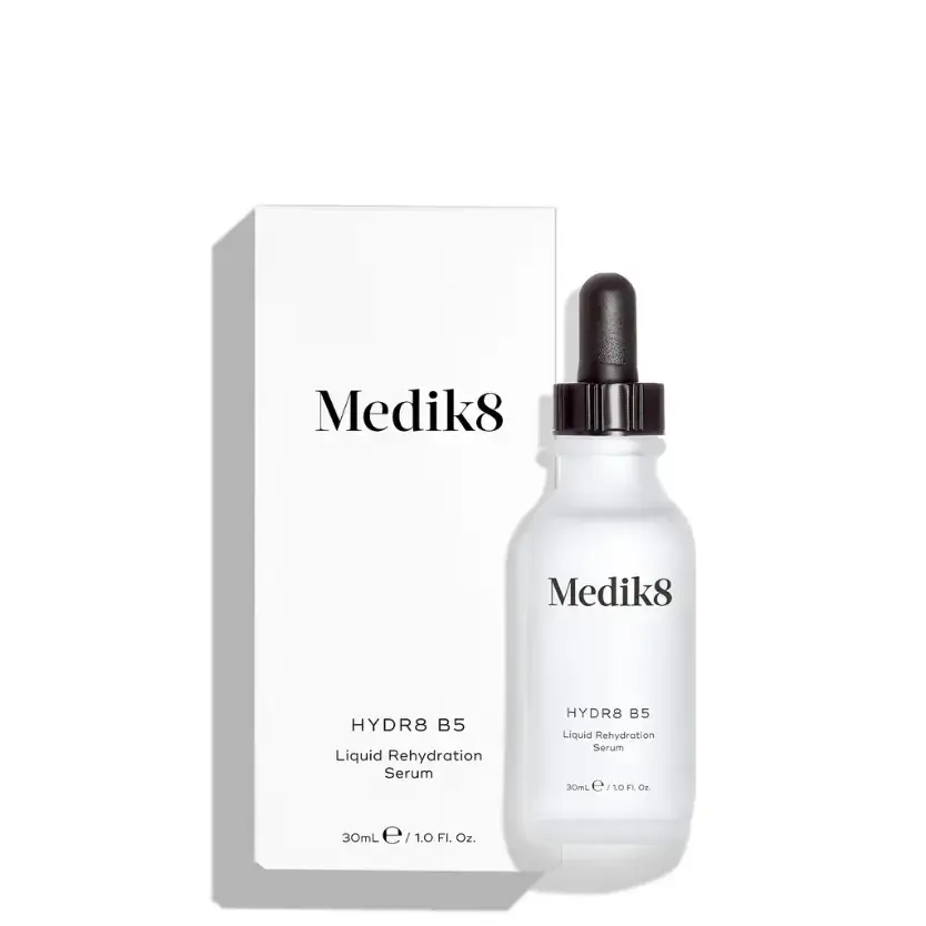 Medik8 Hydr8 B5™ Liquid Rehydration Serum in a bottle with dropper and white box packaging.