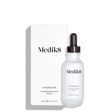 Medik8 Hydr8 B5™ Liquid Rehydration Serum in a bottle with dropper and white box packaging.
