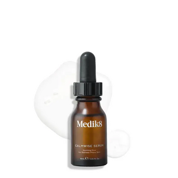 Medik8 Calmwise Serum in a bottle on a white background for soothing sensitive skin with 7 ingredients.