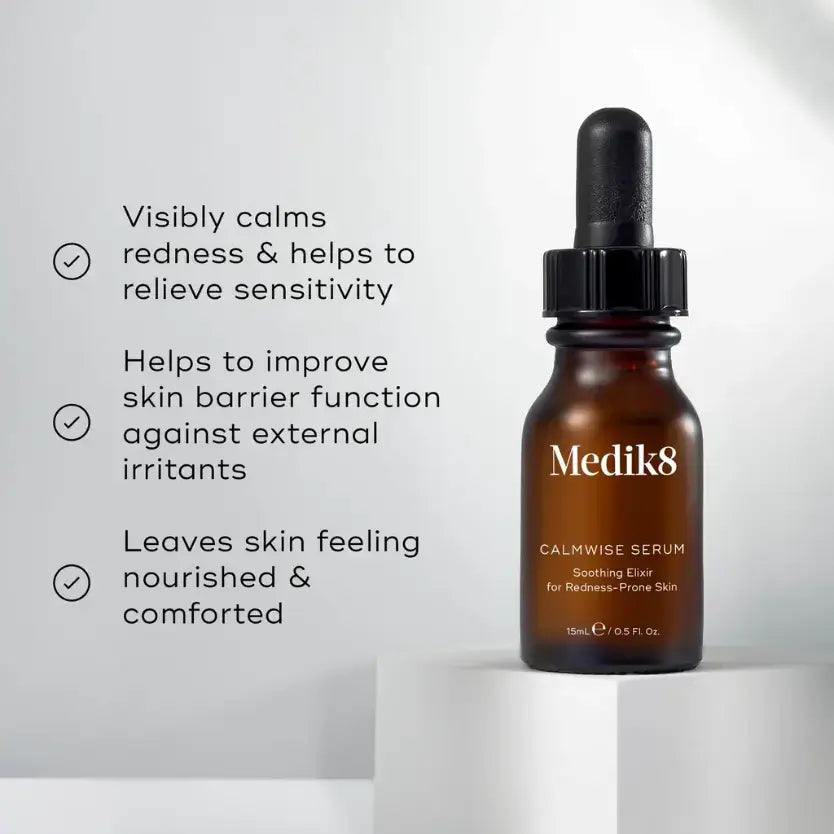 Medik8 Calmwise Serum in a dropper bottle, visibly calms redness and soothes sensitive skin.