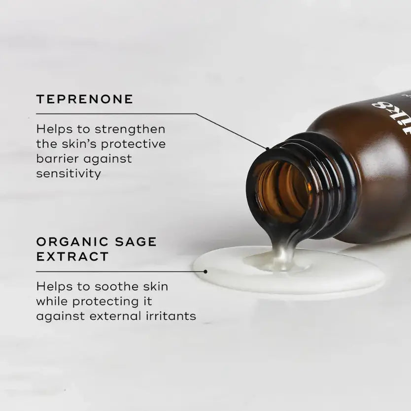 Medik8 Calmwise Serum with Teprenone and Organic Sage Extract helping to reduce skin sensitivity and irritation.