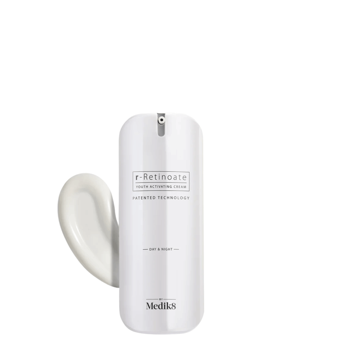 Medik8 r-Retinoate Day & Night Serum™ in packaging, promoting age-defying skincare for day and night use.