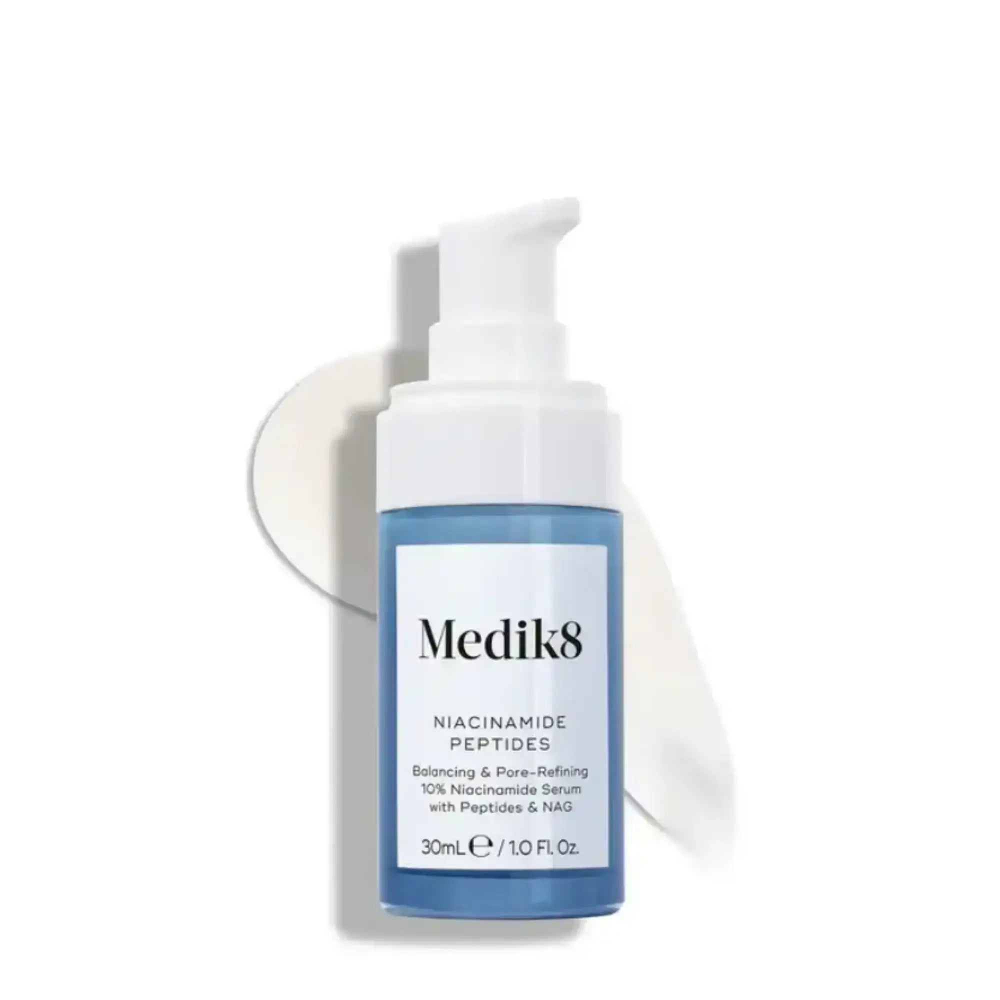 Medik8™ Niacinamide Peptides serum bottle with pump for clear skin and glowing complexion.
