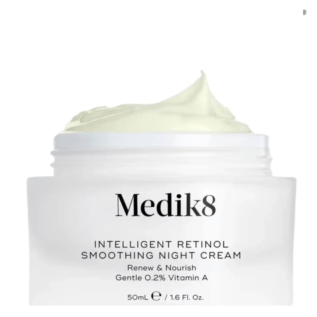 Medik8 Intelligent Retinol Smoothing Night Cream in a jar with gentle cream texture for anti-aging.