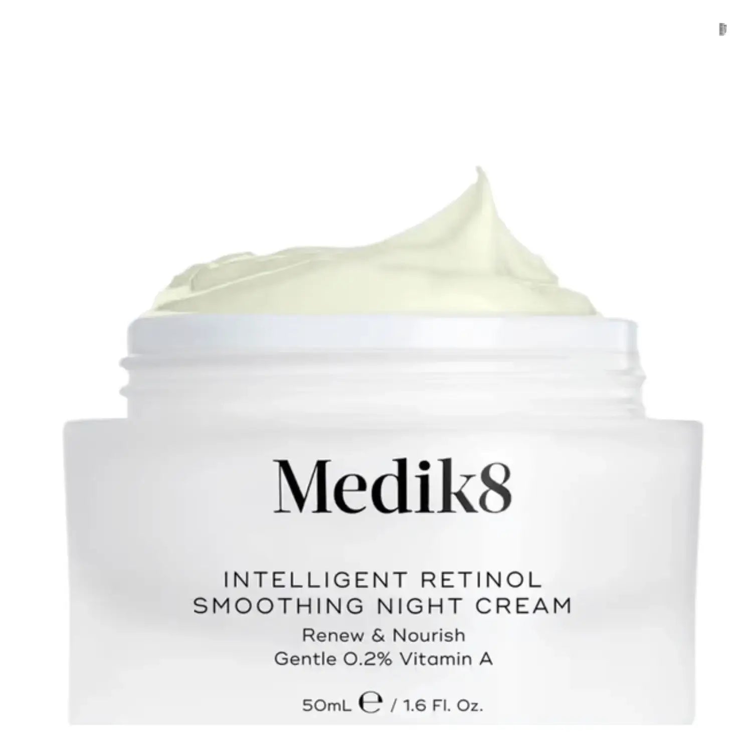 Medik8 Intelligent Retinol Smoothing Night Cream in a jar with gentle cream texture for anti-aging.