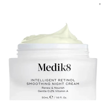 Medik8 Intelligent Retinol Smoothing Night Cream in a jar with gentle cream texture for anti-aging.