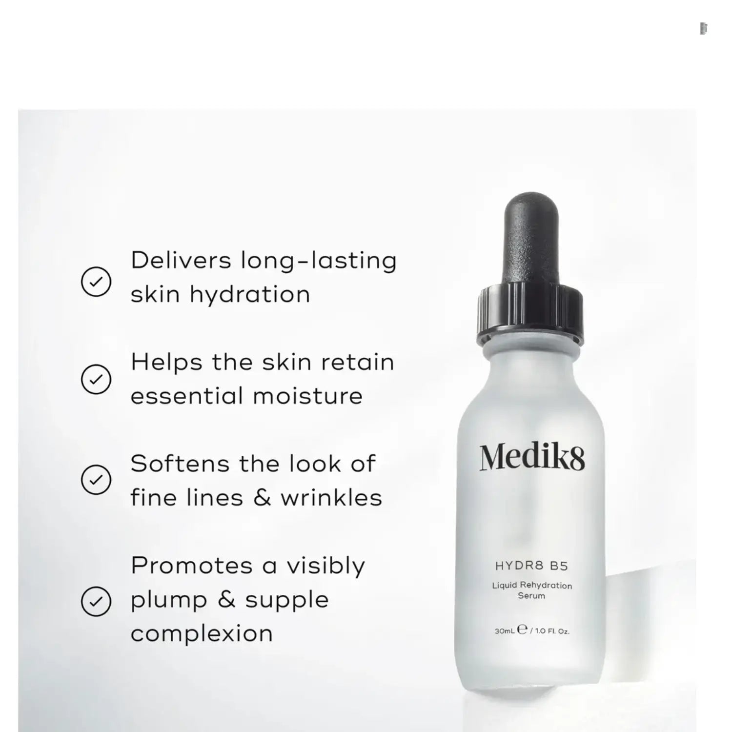 Medik8 Hydr8 B5™ Liquid Rehydration Serum delivering long-lasting hydration and visibly plump skin.