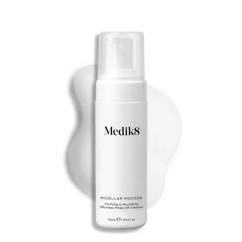 Medik8 Micellar Mousse™ bottle against a white background, promoting easy makeup removal and gentle cleansing.