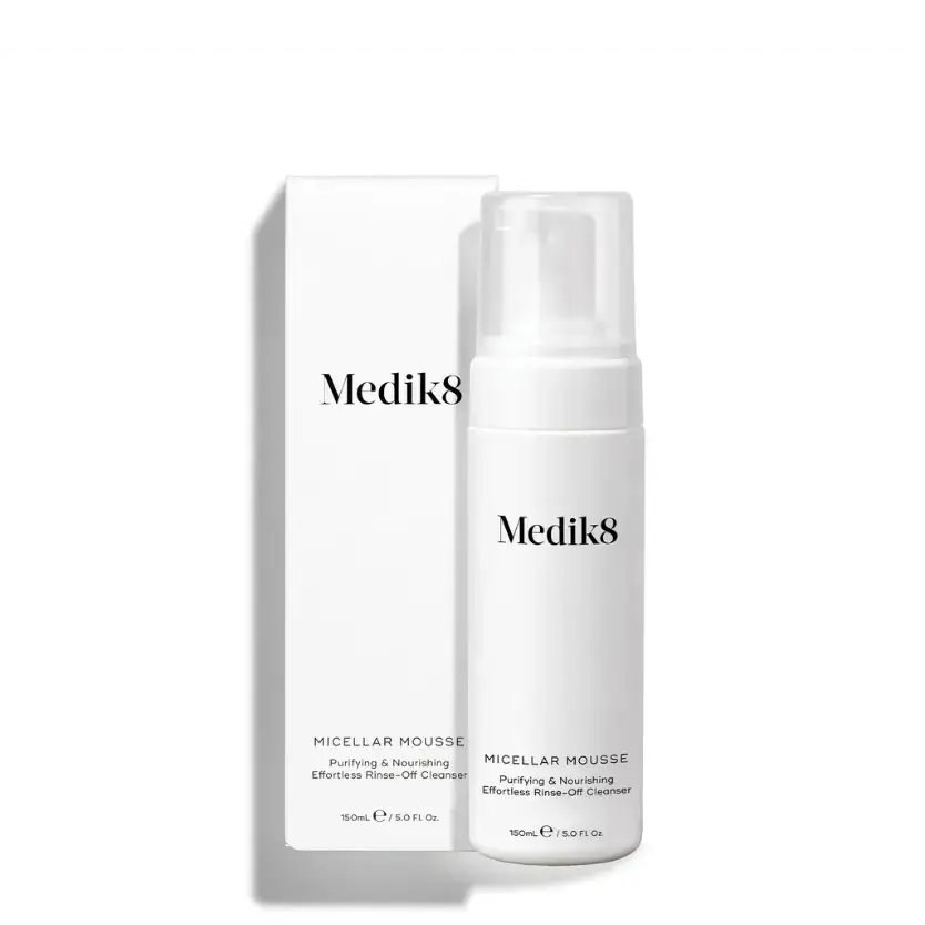 Medik8 Micellar Mousse™ bottle and box packaging, purifying and nourishing rinse-off cleanser.