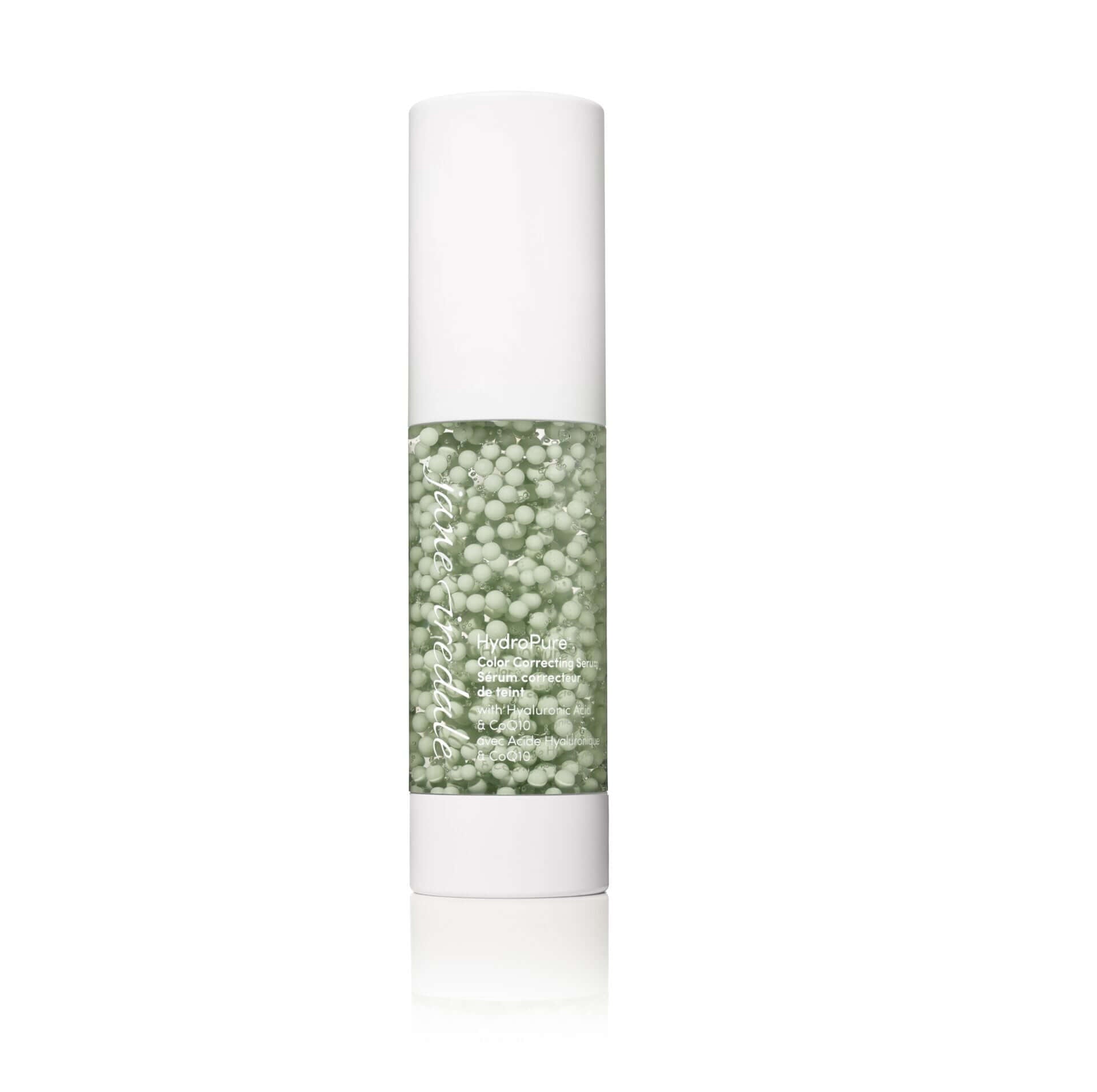 Jane Iredale HydroPure Colour Correcting Serum bottle with green beads for neutralizing redness and hydration.