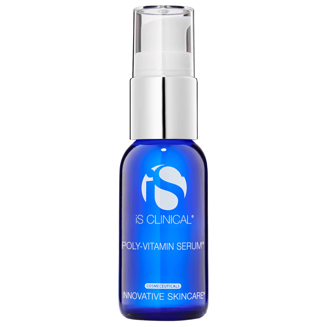 iS Clinical Poly-Vitamin Serum in a blue bottle with a pump for hydration and rejuvenation.