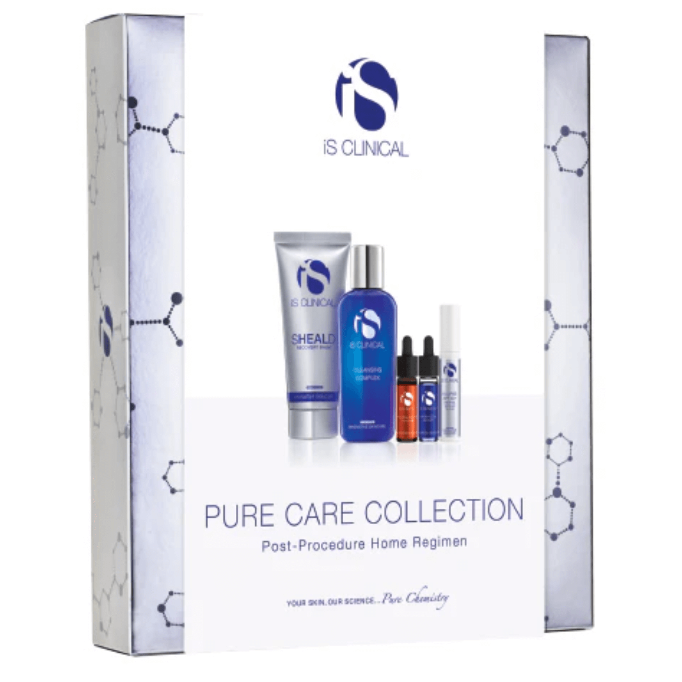 iS Clinical Pure Care Collection™ packaging featuring a post-procedure skin care regimen with soothing botanicals.
