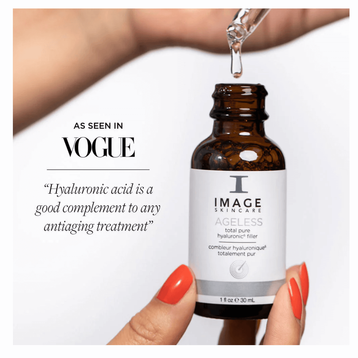 IMAGE Skincare AGELESS Total Pure Hyaluronic6 Filler 30ml glass bottle and dropper with clear hydrating serum
