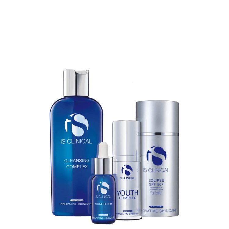iS Clinical Pure Renewal Collection™ featuring Cleansing Complex, Active Serum, Youth Complex, and Eclipse SPF 50.