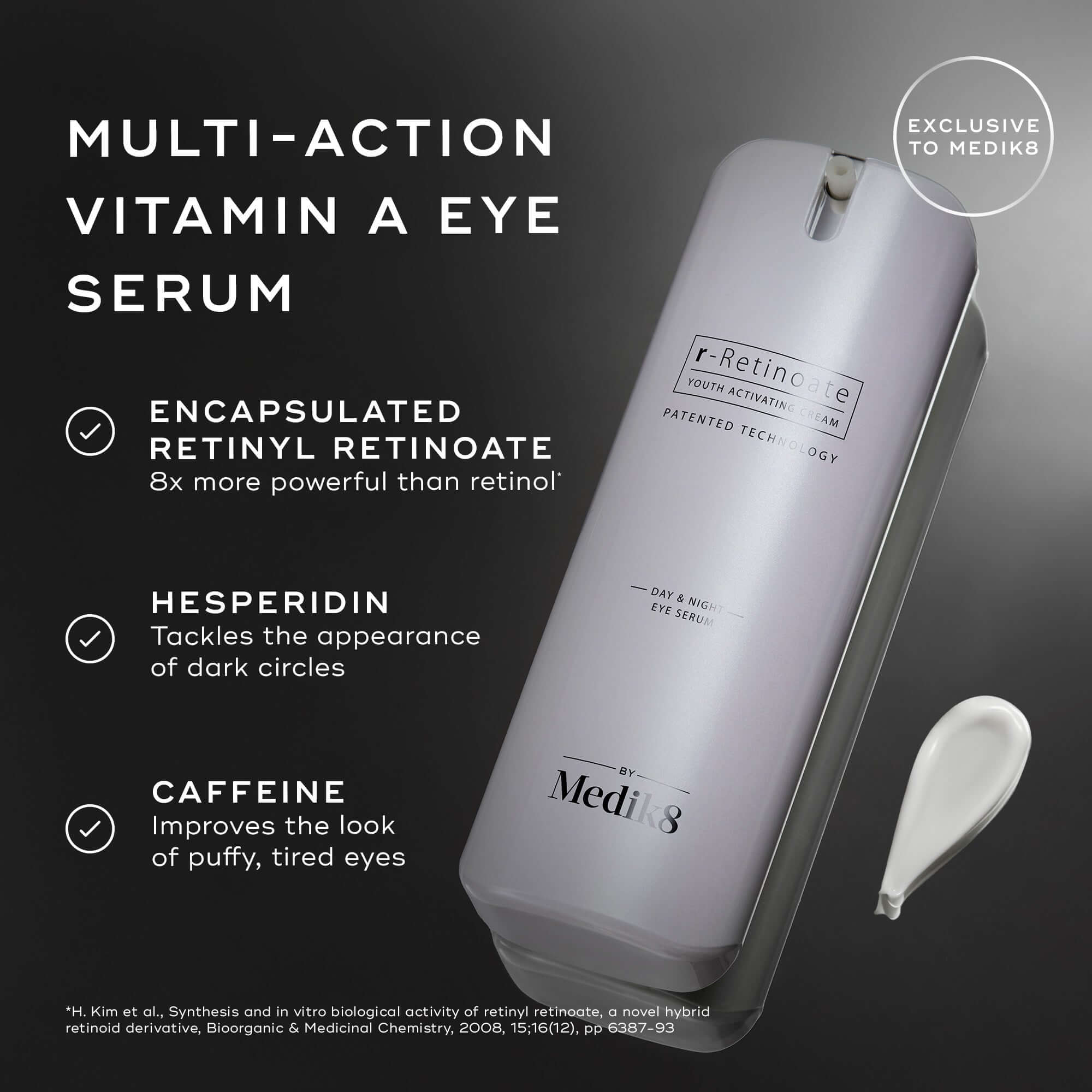 Medik8 r-Retinoate Day & Night Eye Serum packaging showcasing its multi-action vitamin A benefits.