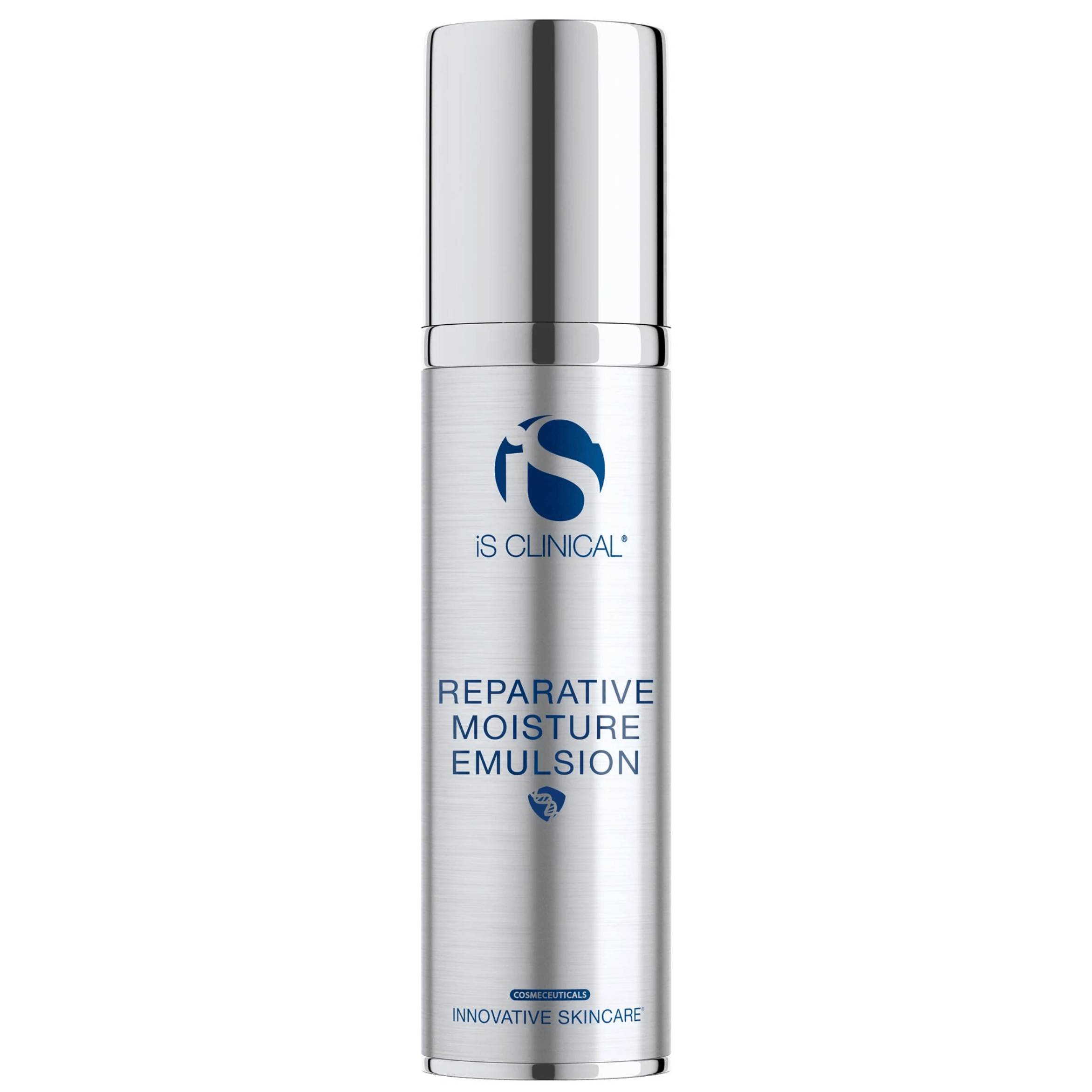 iS Clinical Reparative Moisture Emulsion™ hydrating skincare product in sleek silver packaging.