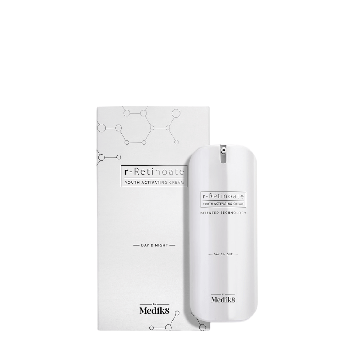 Medik8 r-Retinoate Day & Night Serum™ in packaging, promoting age-defying skincare for day and night use.