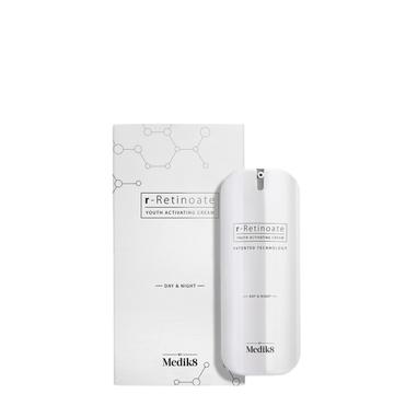 Medik8 r-Retinoate Day & Night Serum™ in packaging, promoting age-defying skincare for day and night use.