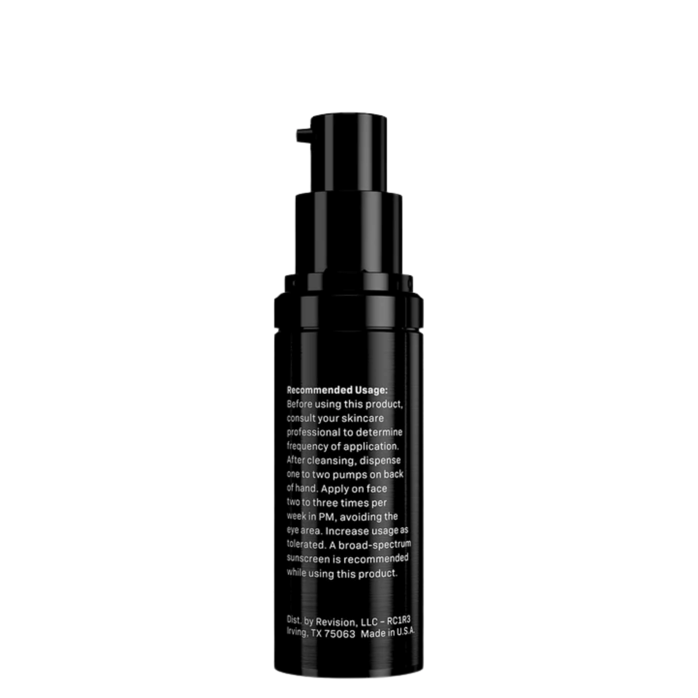 Revision Skincare Retinol Complete® 1.0™ nighttime serum with pump, featuring recommended usage instructions.