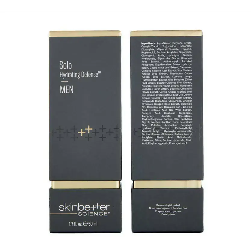 SkinBetter Science Solo Hydrating Defense™ Serum MEN packaging front and back view, highlighting ingredients and benefits.