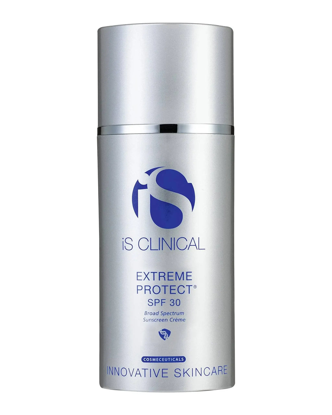 iS Clinical Extreme Protect SPF 30™ sunscreen in a sleek silver bottle for skin protection and hydration.