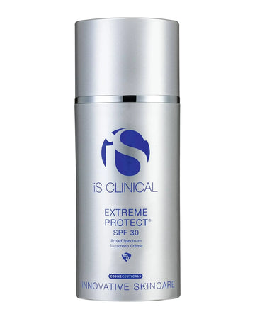iS Clinical Extreme Protect SPF 30™ sunscreen in a sleek silver bottle for skin protection and hydration.