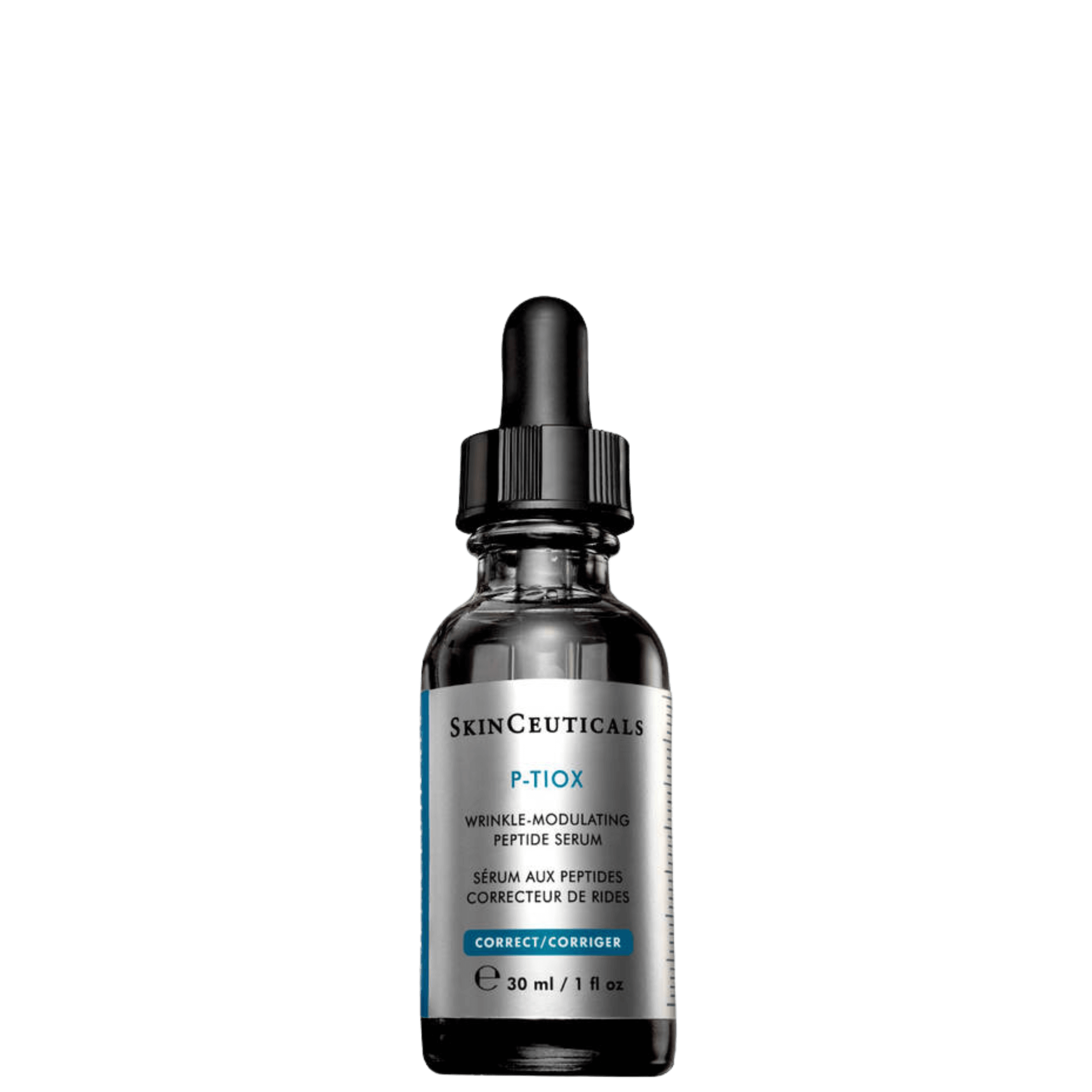 SkinCeuticals P-TIOX peptide serum in a dark glass bottle with dropper, targets expression lines for radiant skin.