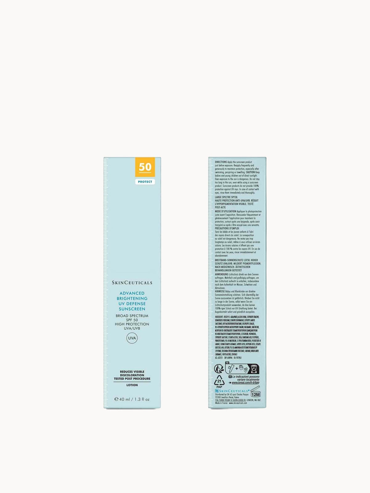 SkinCeuticals Advanced Brightening UV Defense SPF 50 carton front and back