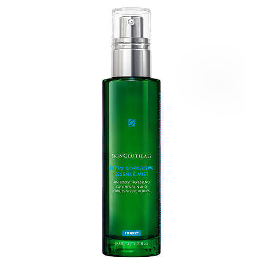 SkinCeuticals Phyto Corrective Essence Mist in a green bottle, hydrating and reducing visible redness.