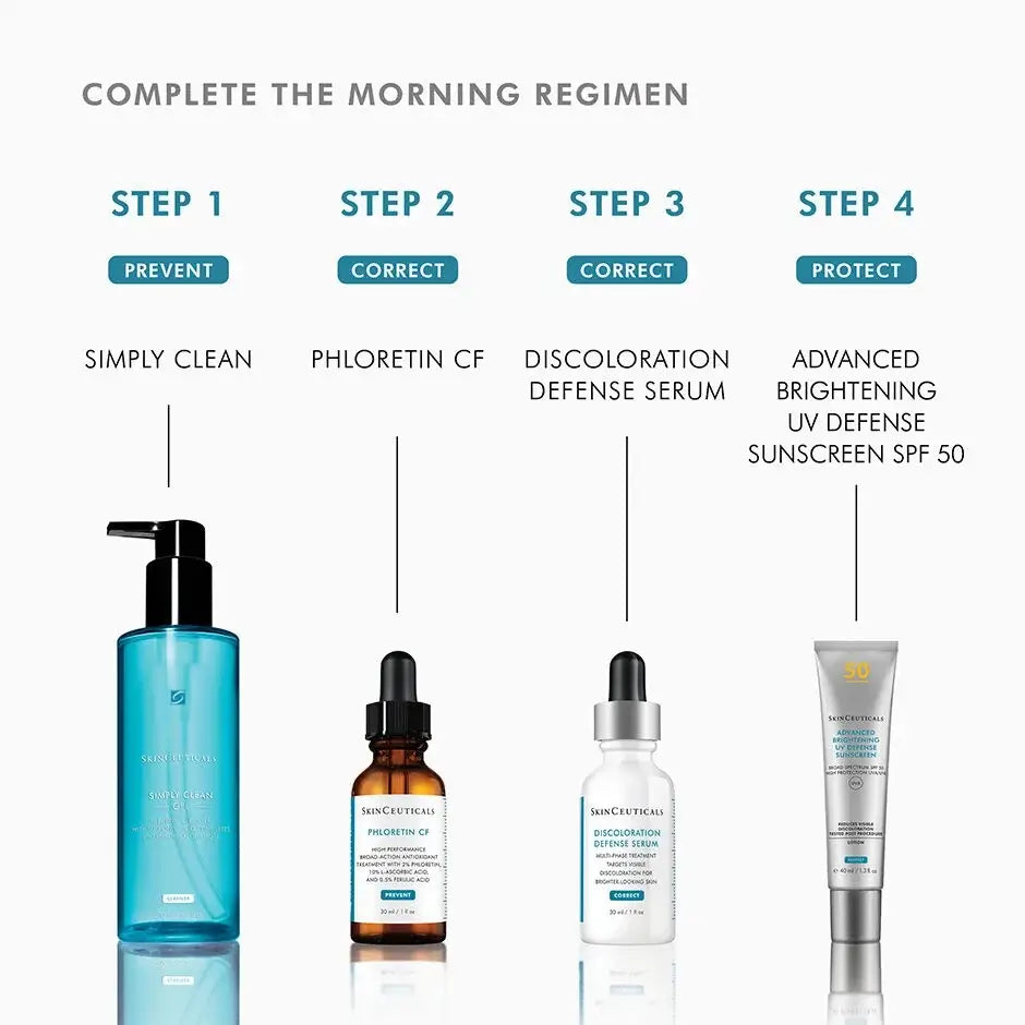 SkinCeuticals Discoloration Defense Serum - morning regimen: cleanse, vitamin C, Discoloration Defense, SPF 50