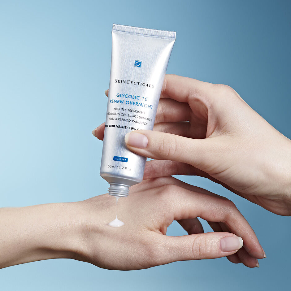 SkinCeuticals Glycolic 10 Renew Overnight being squeezed onto the hand