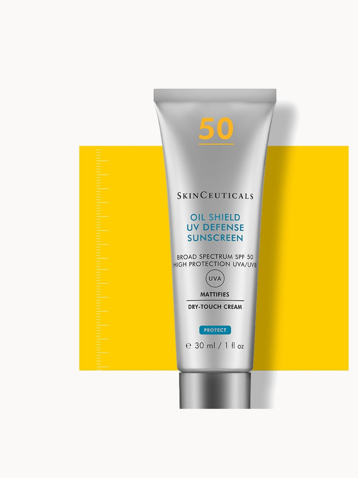 SkinCeuticals Oil Shield UV Defense SPF 50 tube on yellow background