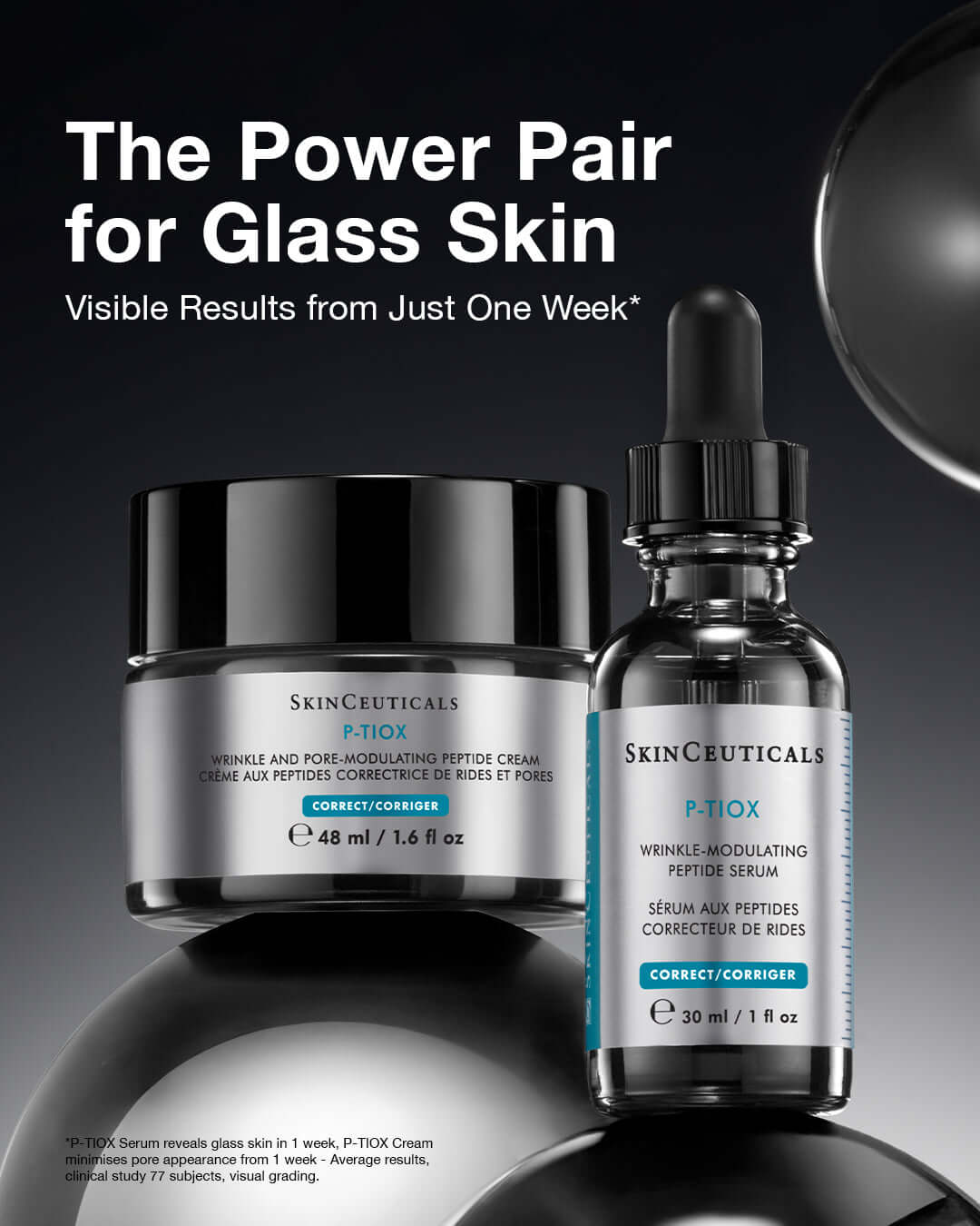 SkinCeuticals P-TIOX Cream and Serum for visible skin results in one week - Power pair for glass skin.