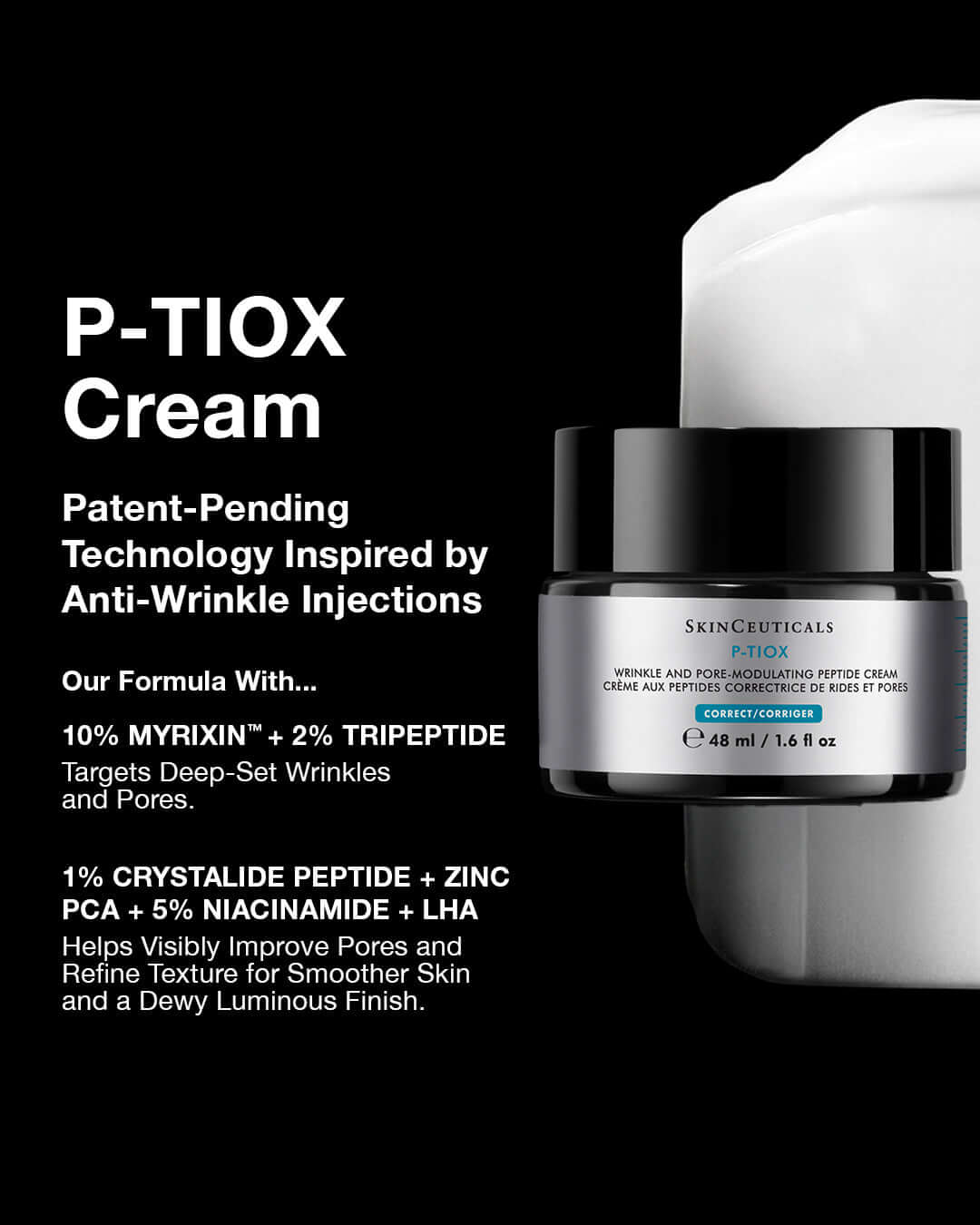 SkinCeuticals P-TIOX Cream in jar with patent-pending technology for anti-wrinkle treatment.