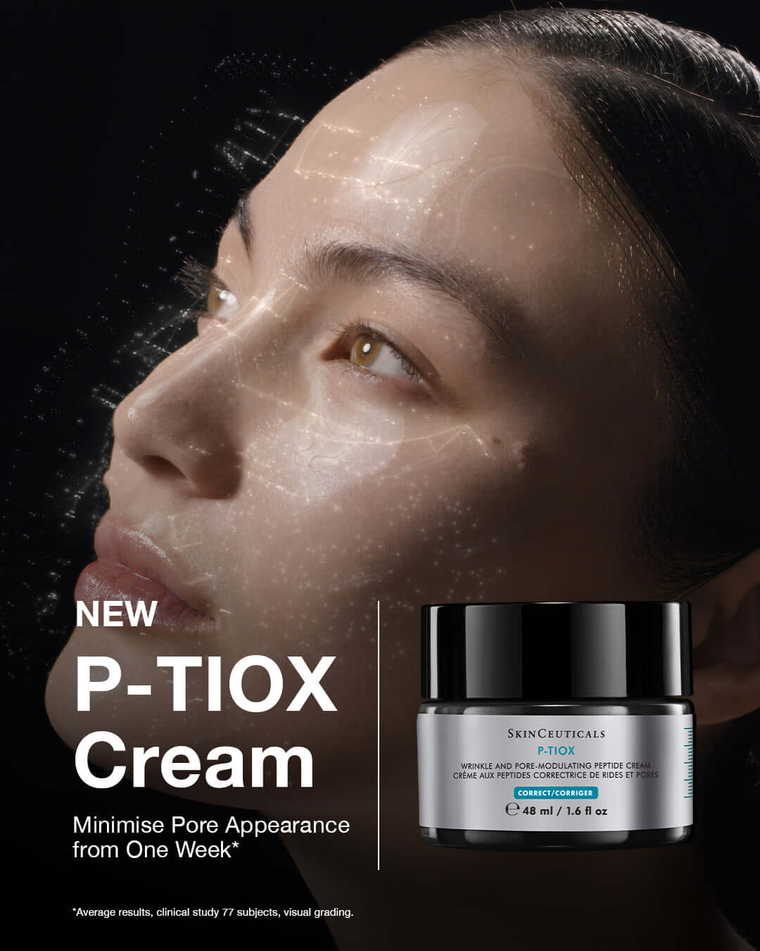 SkinCeuticals P-TIOX Cream shown on a model's face with shimmering effects, promoting wrinkle and pore reduction.