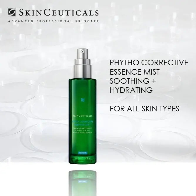 SkinCeuticals Phyto Corrective Essence Mist in a green bottle, soothing and hydrating for all skin types.