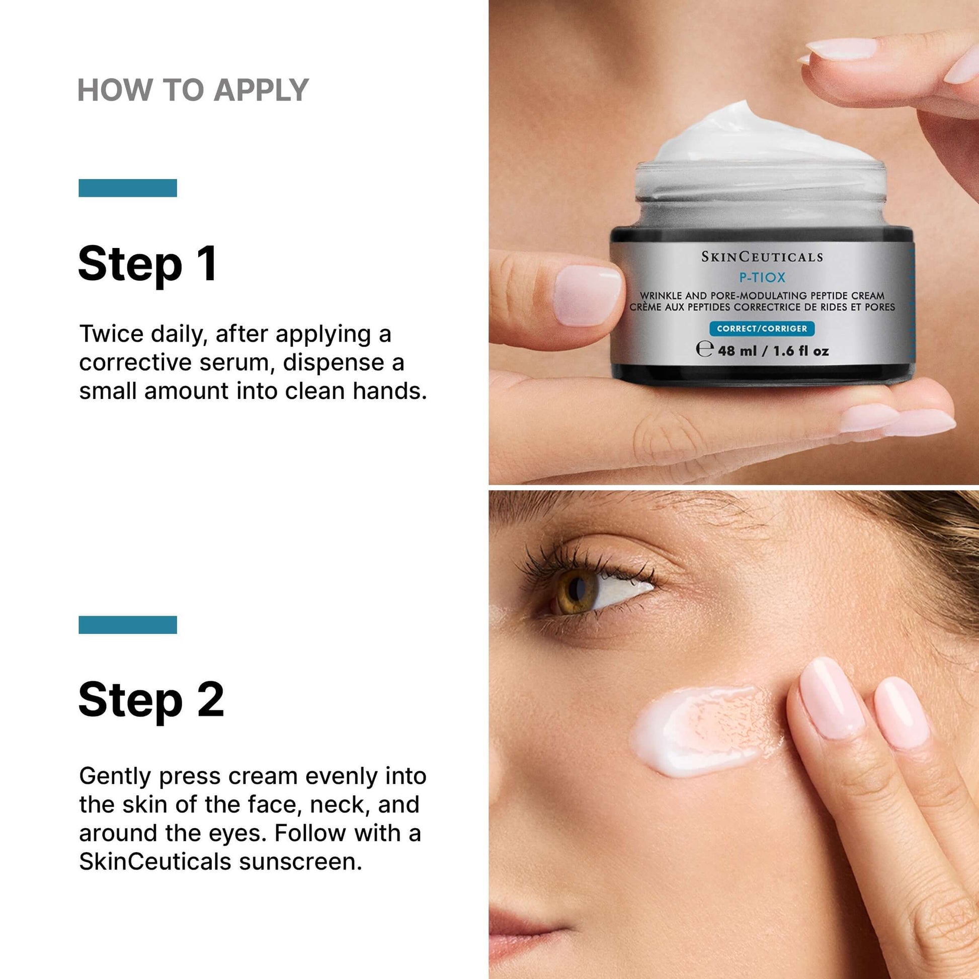 Application instructions for SkinCeuticals P-TIOX Cream on skin, focusing on wrinkle and pore refinement.