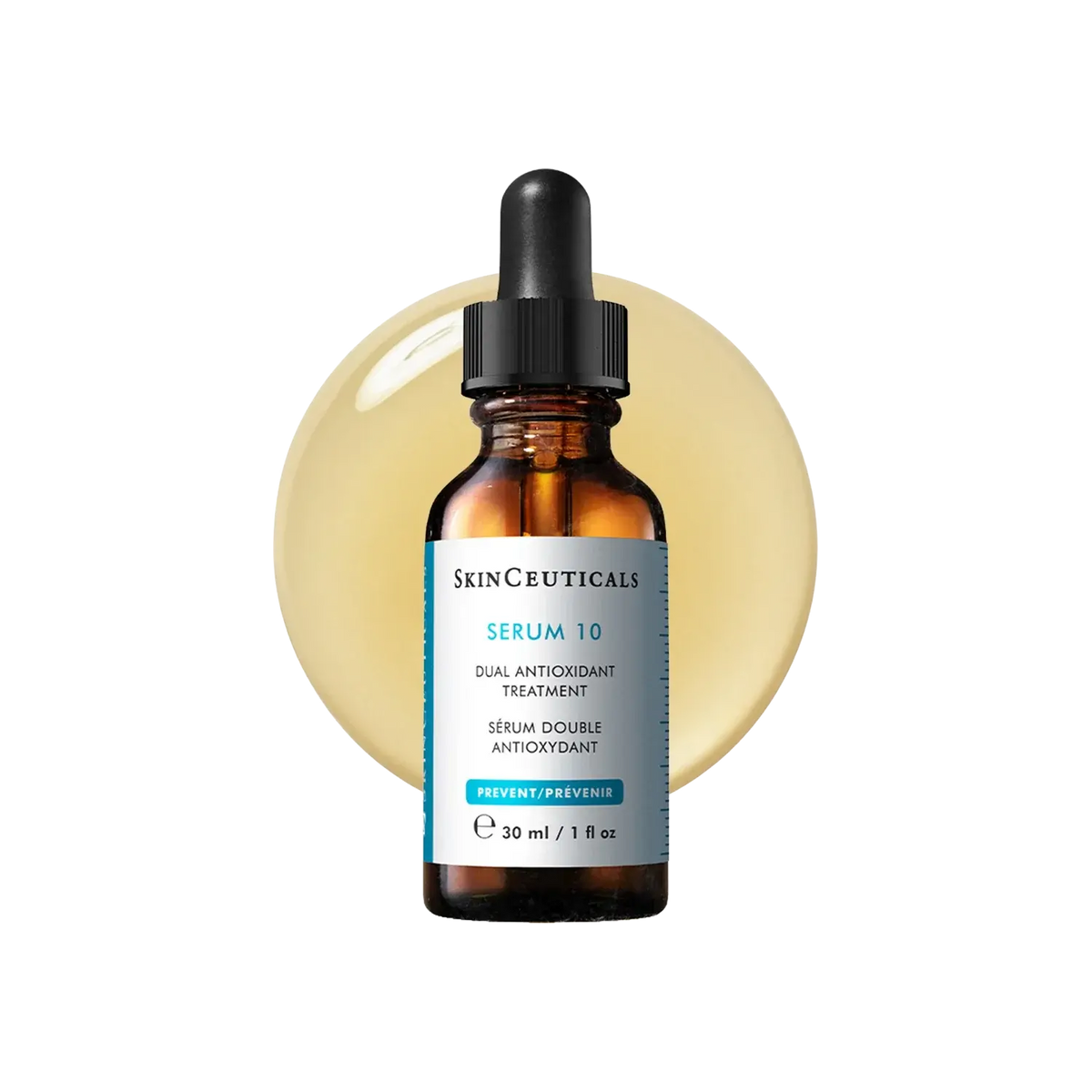 SkinCeuticals Serum 10 antioxidant treatment in a dropper bottle with a golden serum background
