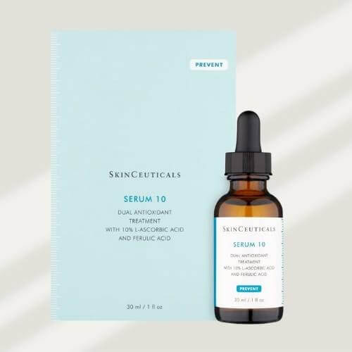 SkinCeuticals Serum 10 bottle alongside packaging showcasing dual antioxidant treatment with pure vitamin C.