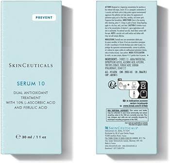 SkinCeuticals Serum 10 packaging, showcasing dual antioxidant treatment with 10% L-ascorbic acid and ferulic acid.