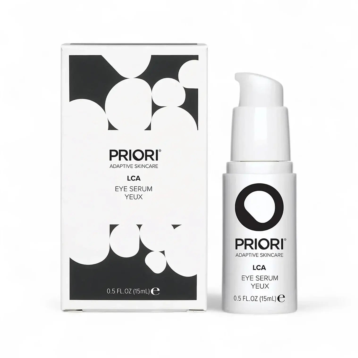 PRIORI LCA Eye Serum bottle and packaging for reducing puffiness and dark circles.