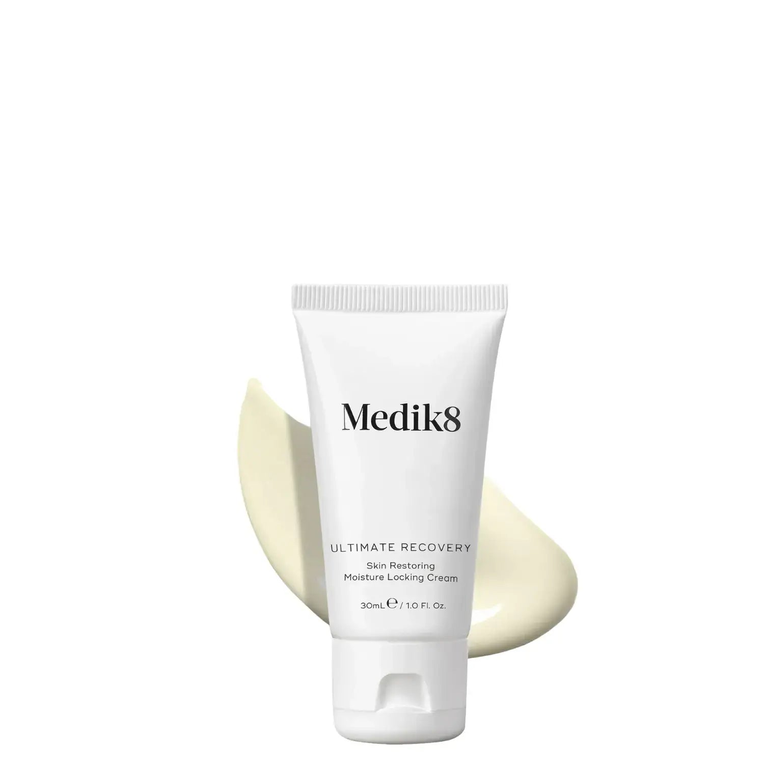 Medik8 Ultimate Recovery™ skin restoring moisture locking cream in a tube with a creamy texture.