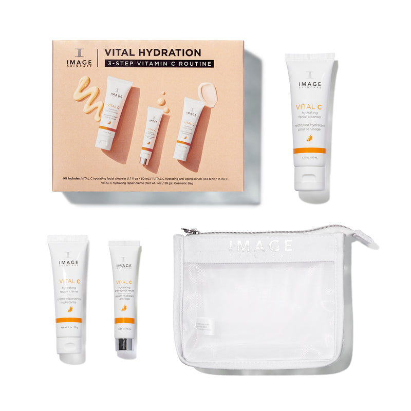 IMAGE Skincare VITAL HYDRATION 3-Step Vitamin C Routine box with cleanser, serum, repair crème and cosmetic bag
