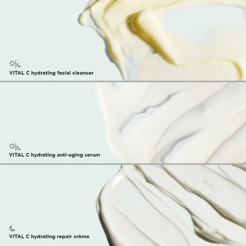 IMAGE Skincare VITAL HYDRATION 3-Step Vitamin C Routine cleanser, serum and repair crème textures