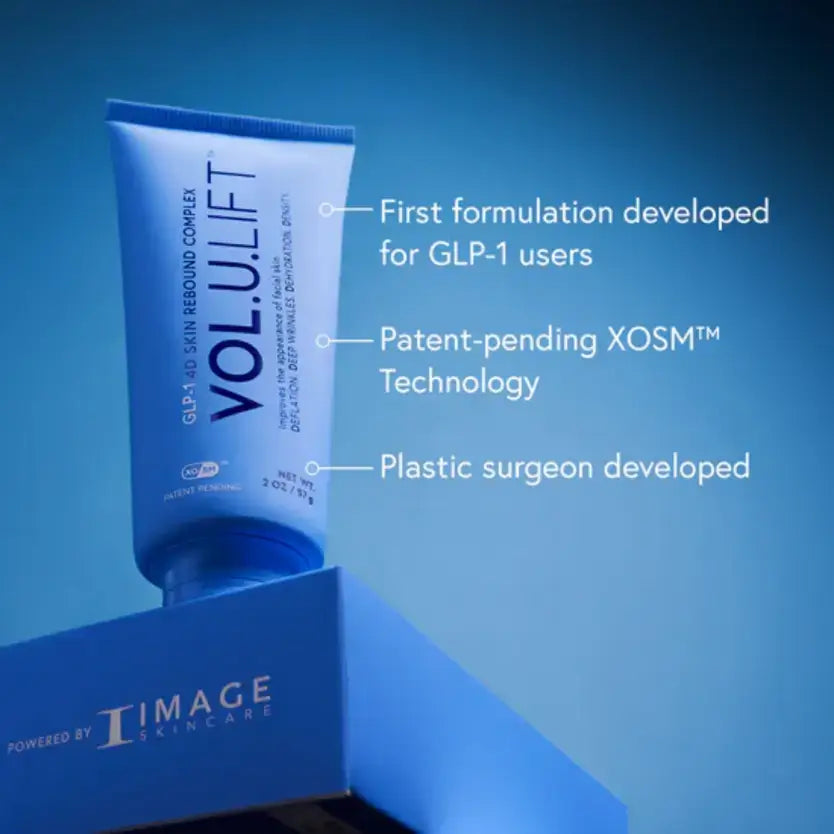IMAGE VOL.U.LIFT tube highlighting GLP-1 formulation, XOSM™ Technology, and plastic surgeon development.