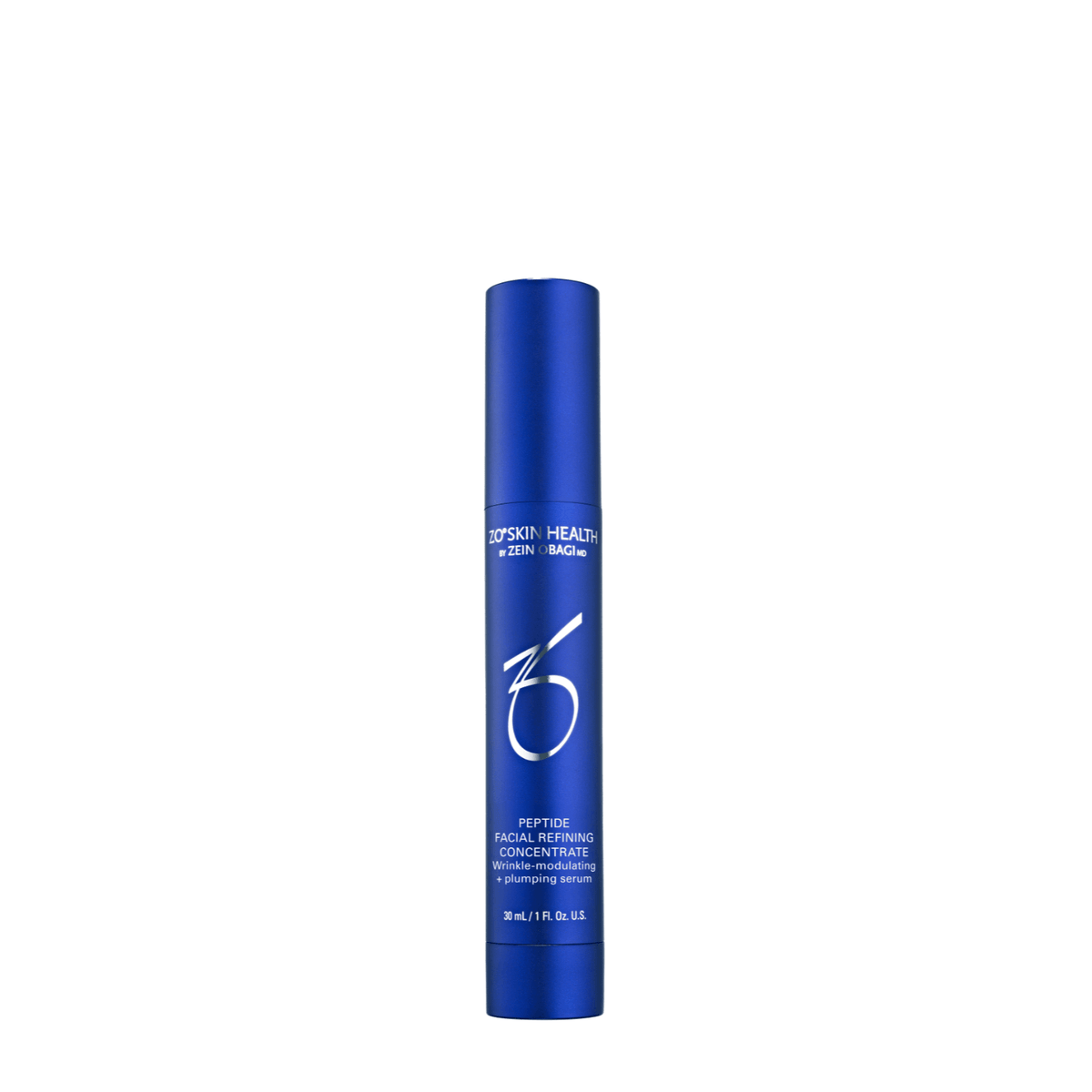 ZO Skin Health Peptide Facial Refining Concentrate in a blue bottle, a wrinkle-modulating and plumping serum.