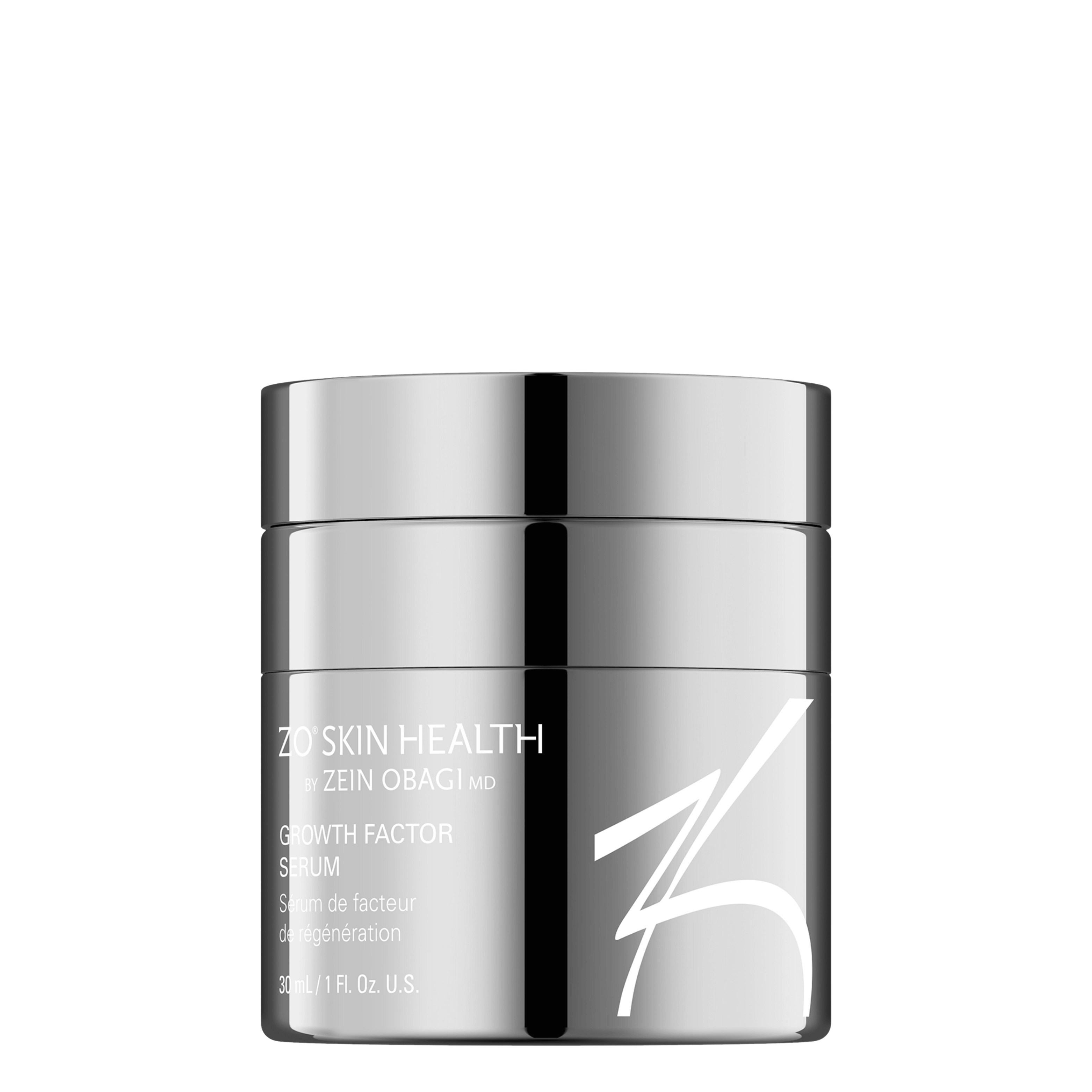 ZO Skin Health Growth Factor Serum in sleek silver packaging, designed for skin rejuvenation and anti-aging treatment.
