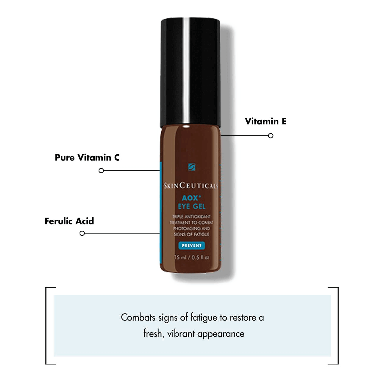 SkinCeuticals AOX+ Eye Gel Antioxidant Treatment 15ml bottle with description of benefits and ingredients.