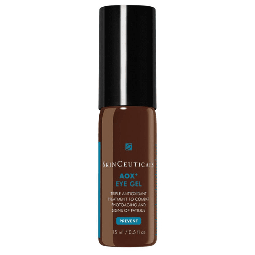 SkinCeuticals AOX+ Eye Gel Antioxidant Treatment 15ml in a brown tube, designed to reduce puffiness and dark circles.