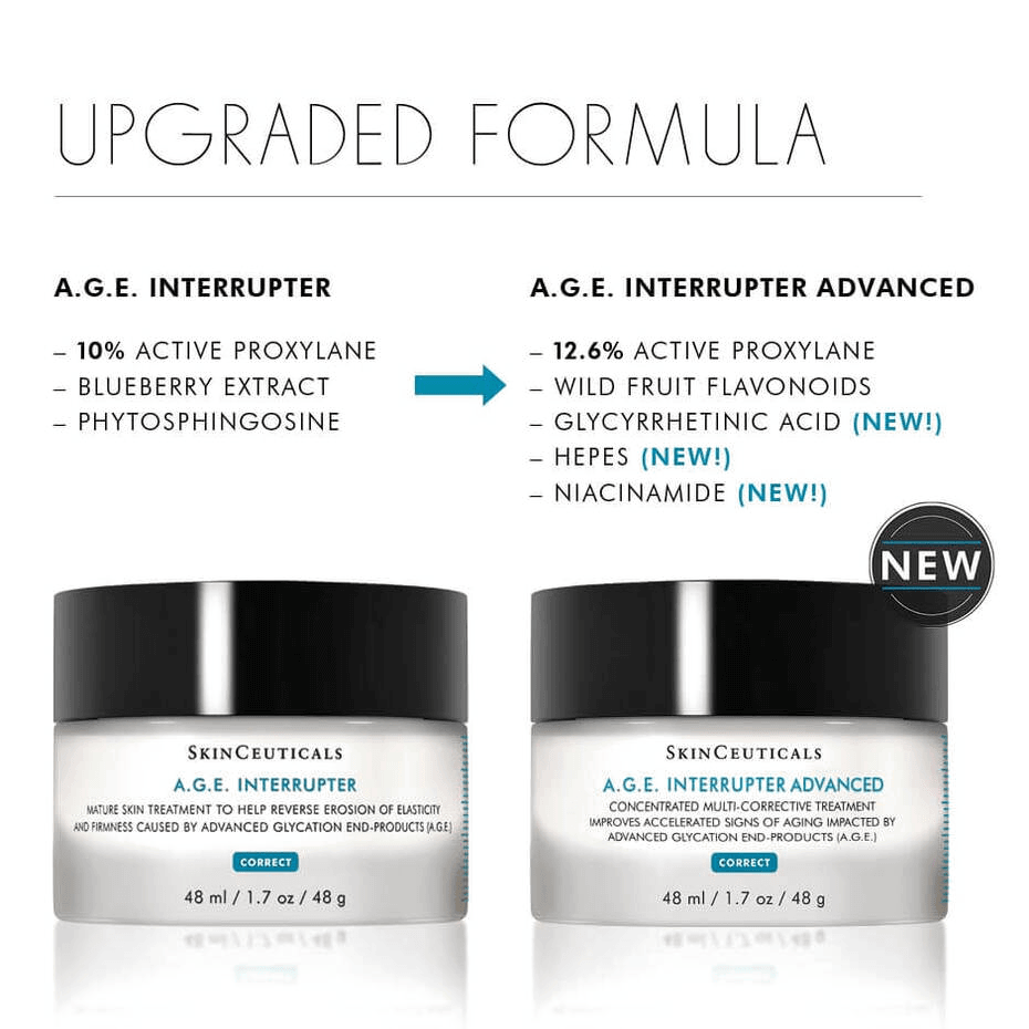 SkinCeuticals A.G.E. Interrupter Advanced Anti-Wrinkle Cream 48ml upgraded formula comparison chart
